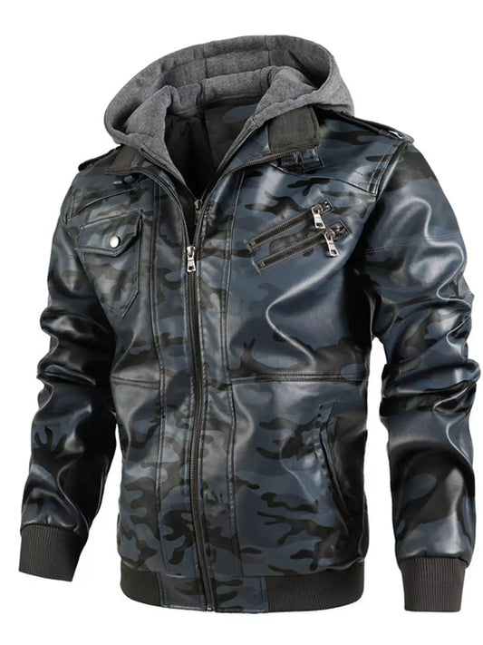 Men's Full Size Camouflage Hooded Faux Leather Jacket Plus Size by Partner Label