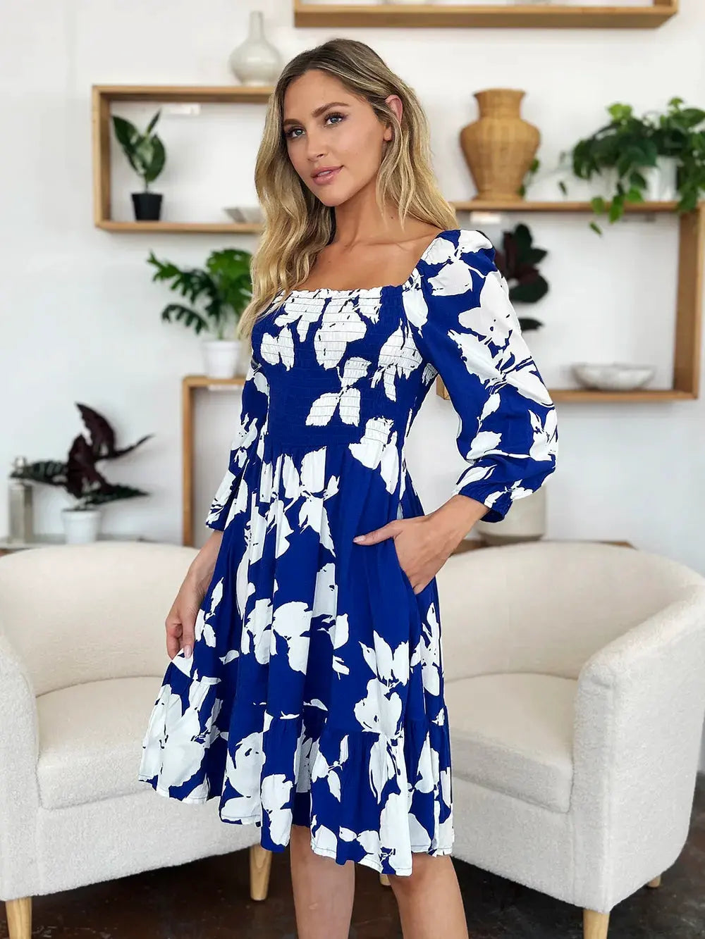 Double Take Full Size Floral Ruffle Hem Smocked Dress with Pockets by Double Take
