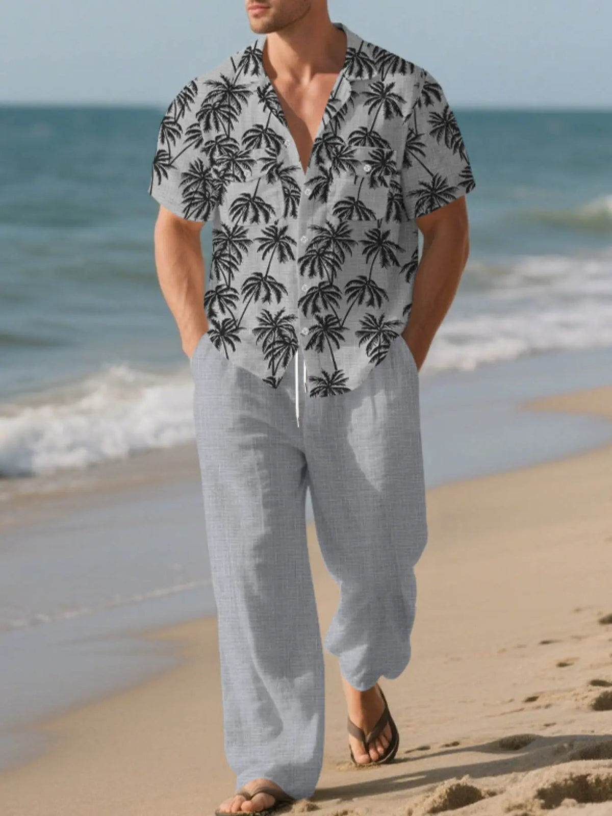 Men's Full Size Tropical Palm Print Button Up Shirt and Pants Set Plus Size by Trendsi