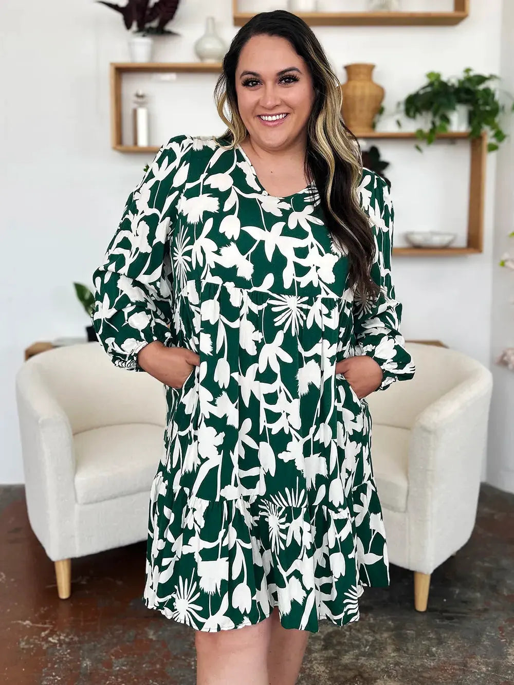 Double Take Full Size Printed Ruffle Hem Dress with Pocket by Double Take