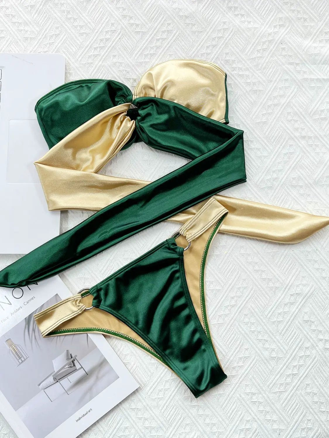 Two-Tone Ring Detail Tied Bikini Set by Partner Label