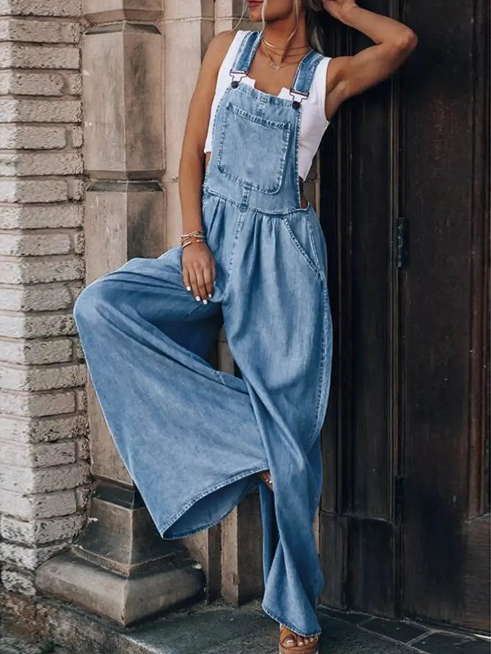 Wide Leg Denim Overalls by Partner Labels