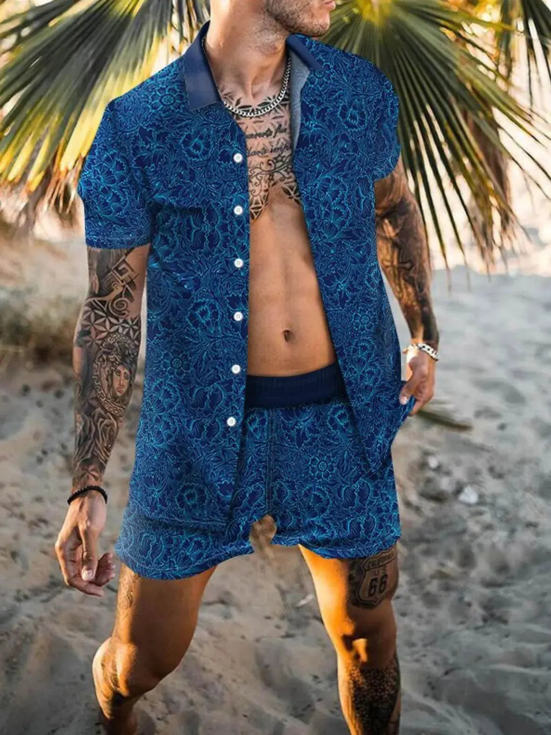 Men's Full Size Printed Collared Neck Short Sleeve Top and Shorts Set Plus Size by Trendsi