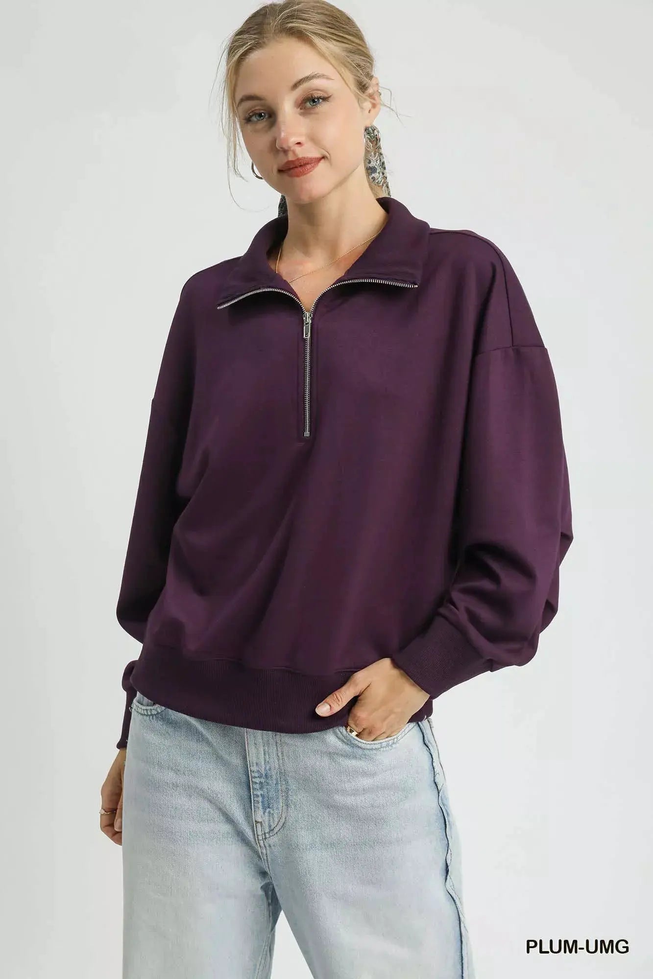 Umgee Half Zip Drop Shoulder Sweatshirt by Umgee