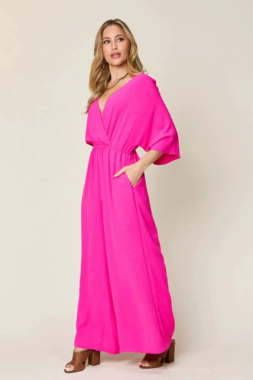 Double Take Full Size Surplice Wide Leg Jumpsuit with Pockets by Double Take