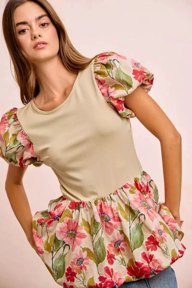 BiBi Floral Printed Bubble Sleeves and Hem Peplum Top by BiBi