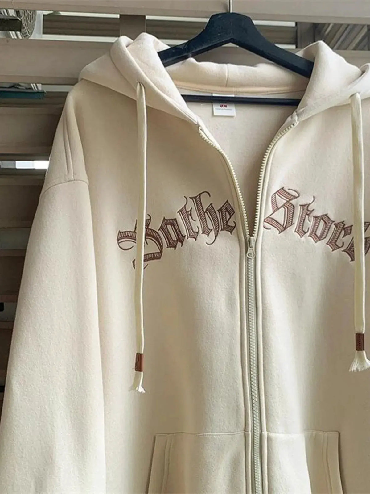 Men's Plus Size Letter Zip Up Drawstring Hoodie by Trendsi