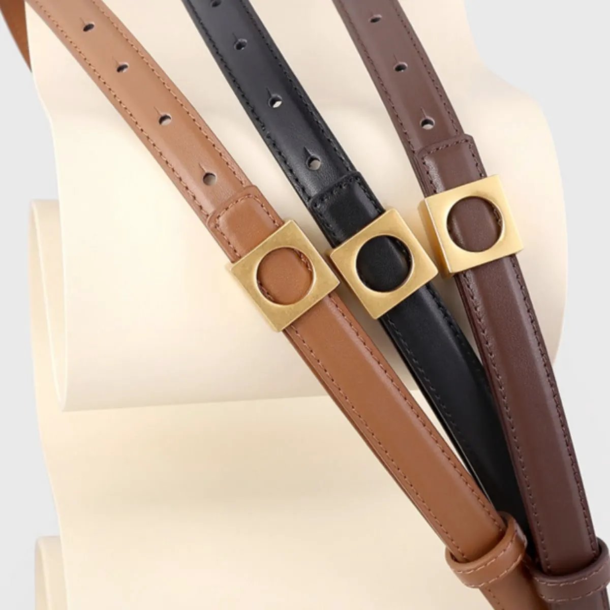 Square Buckle Skinny Leather Belt by Trendsi
