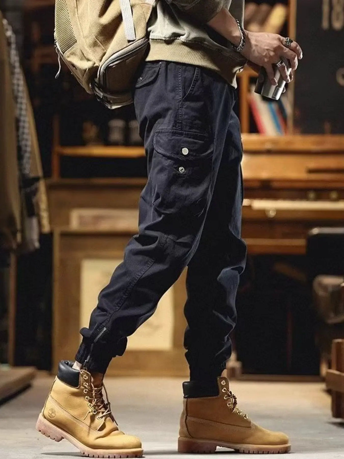 Men's Plus Size Casual Cargo Pants with Elastic Cuff by Partner Label