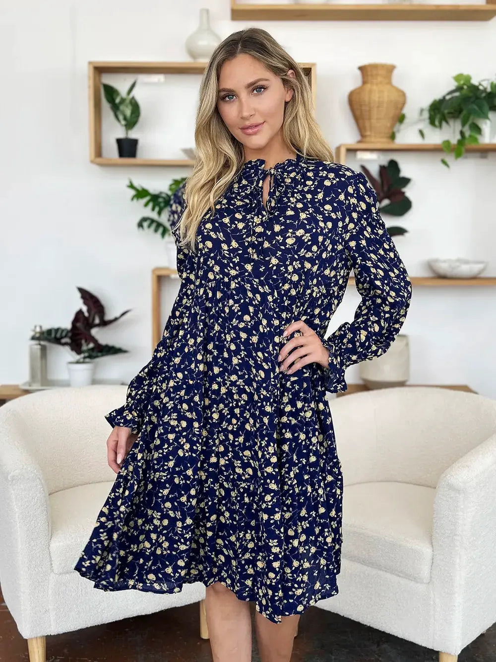 Double Take Full Size Printed Ruffle Hem Long Sleeve Tiered Dress by Double Take