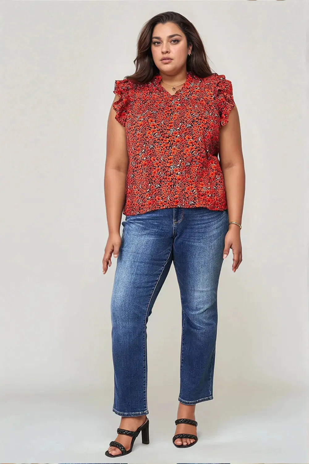 Double Take Floral Flutter Sleeve Notched Neck Blouse by Double Take