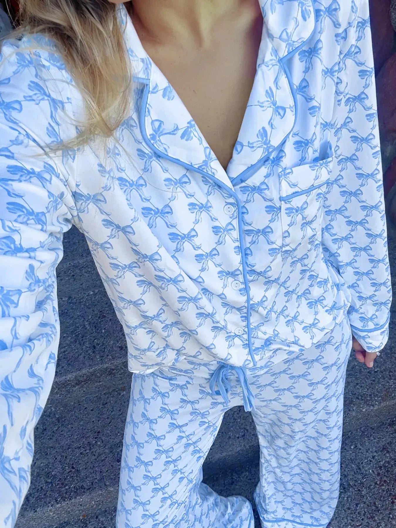 Bow Print Long Sleeve Shirt and Pants Pajama Set by Partner Label