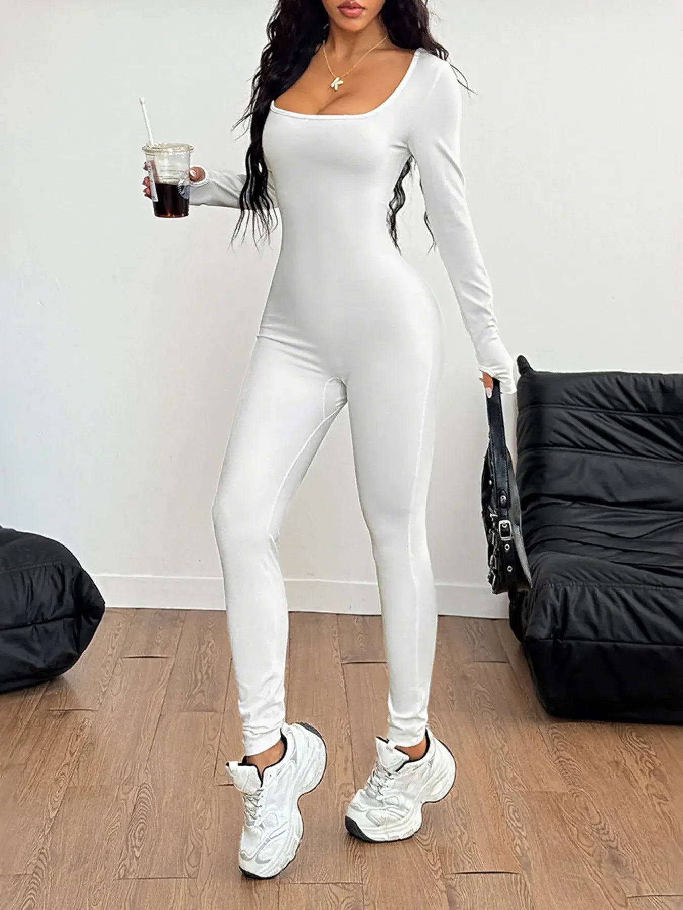 Square Neck Long Sleeve Active Jumpsuit by Partner Label