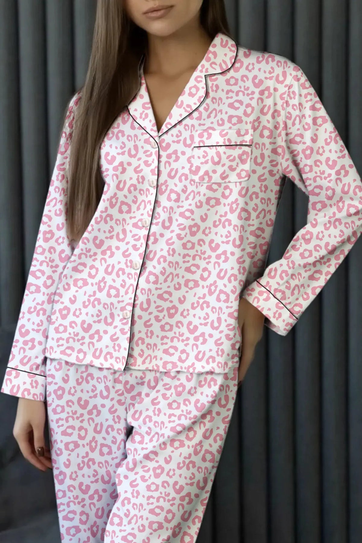 Leopard Print Button Up Top and Pants 2cps Pajama Set by Partner Label