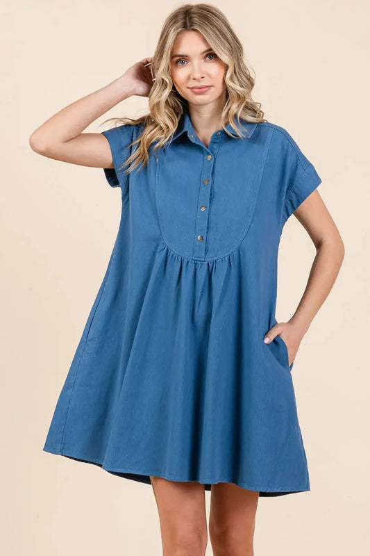 Mittoshop Twill Short Sleeve Collared Mini Dress by Mittoshop