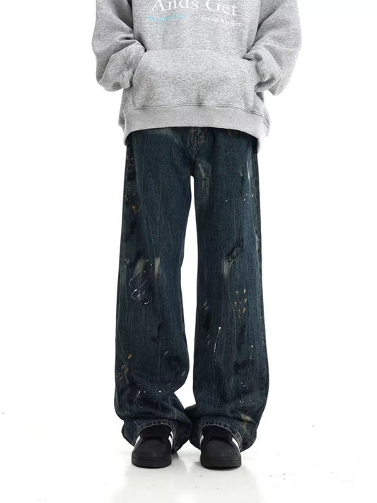 Men's Full Size Paint-Splattered Wide Leg Jeans Plus Size by Partner Label