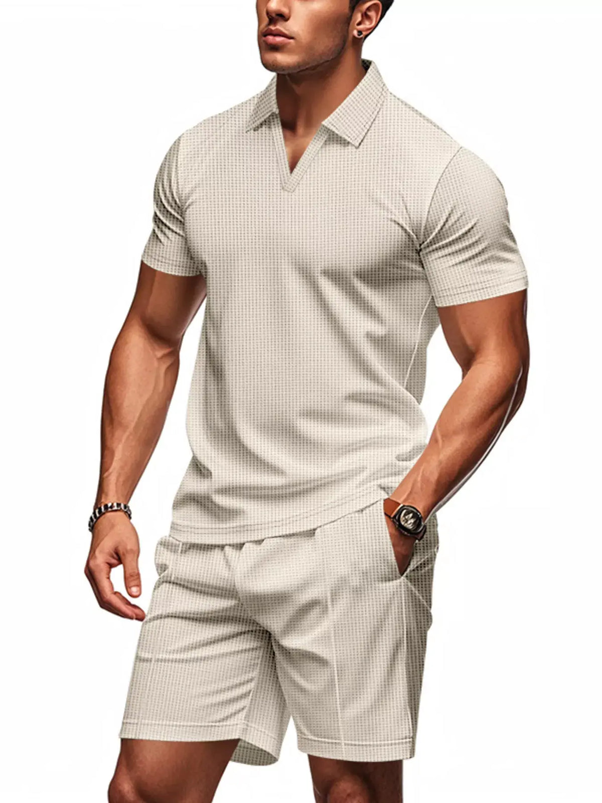 Men's Full Size Textured Short Sleeve Polo and Shorts Set Plus Size by Trendsi
