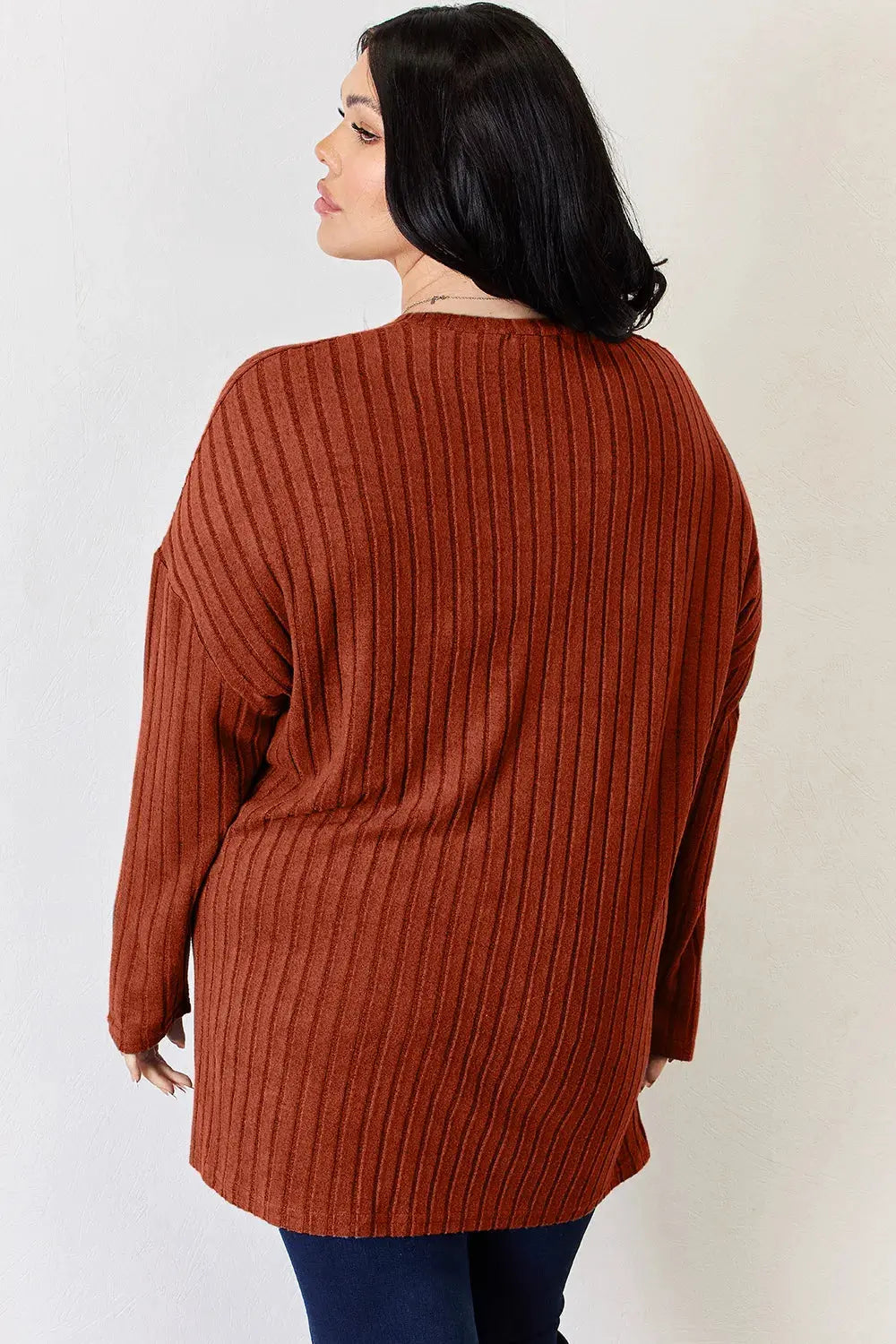 Basic Bae Full Size Ribbed Half Button Long Sleeve High-Low T-Shirt by Basic Bae