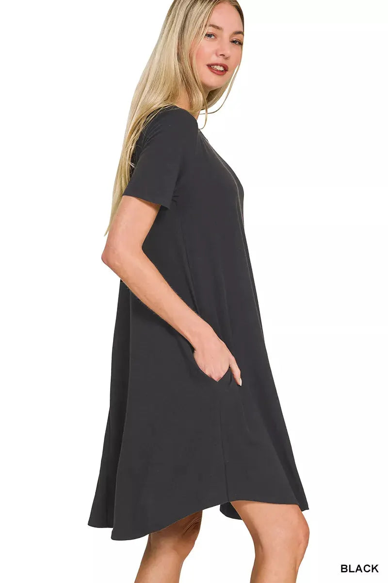 Zenana Short Sleeve Round Hem A-line Dress with Side Pockets by Zenana
