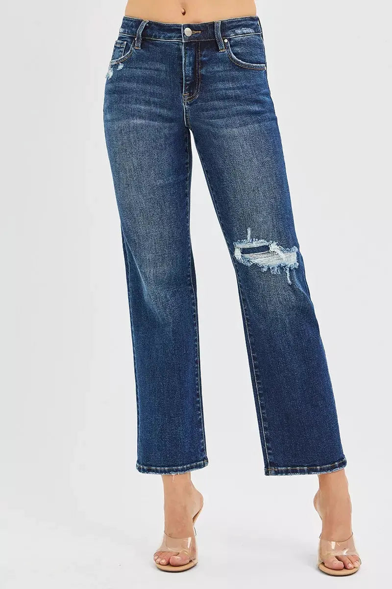 RISEN High Rise Crop Slim Straight Jenas with Hidden Knee Patch by RISEN