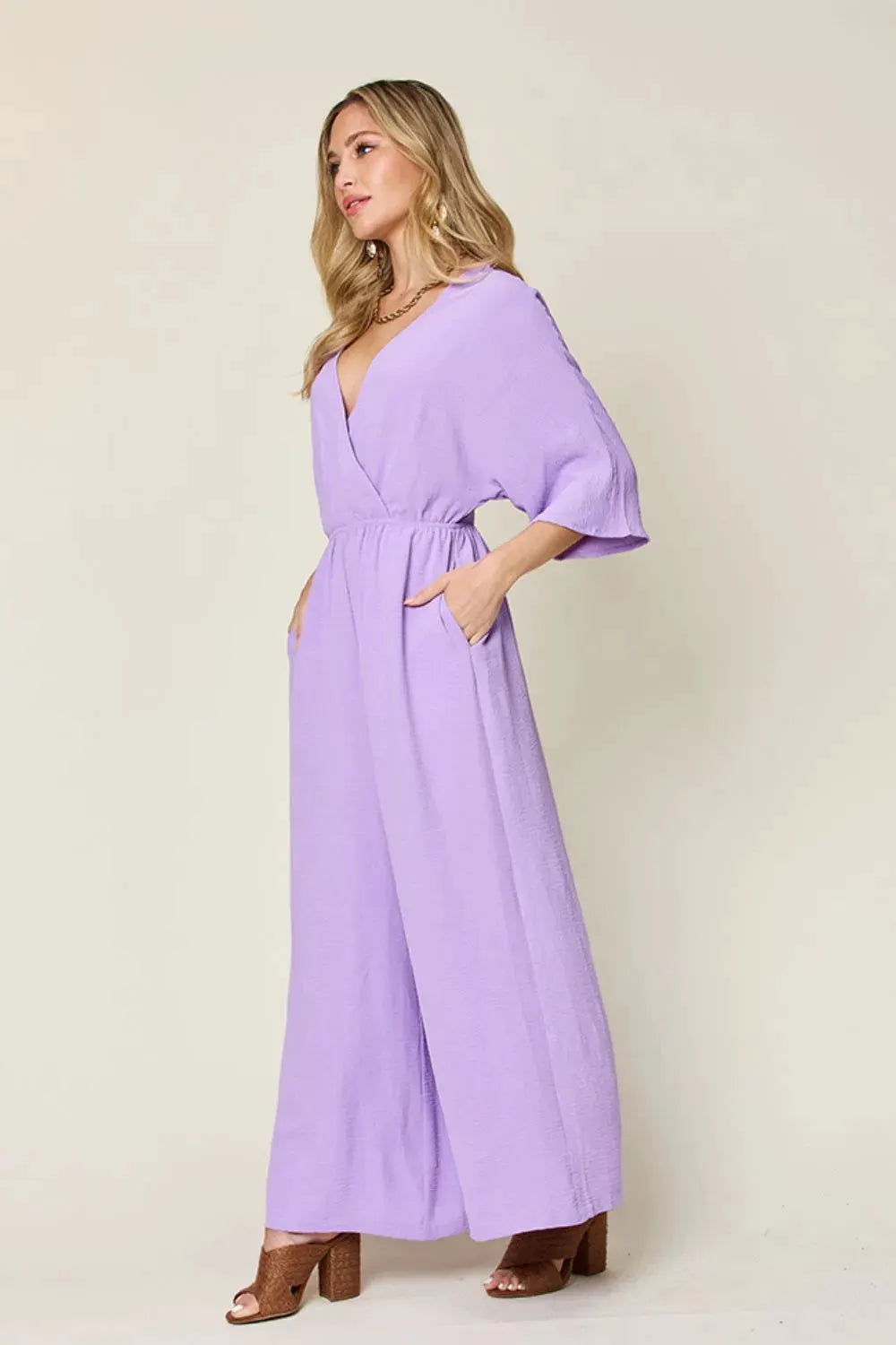 Double Take Full Size Surplice Wide Leg Jumpsuit with Pockets by Double Take