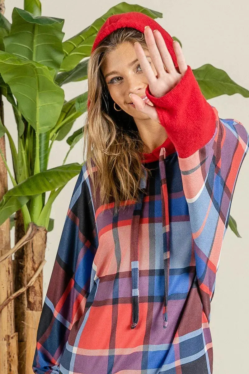 BiBi Plaid Mirr Brushed Rib Contrast Thumb Open Hoodie by BiBi