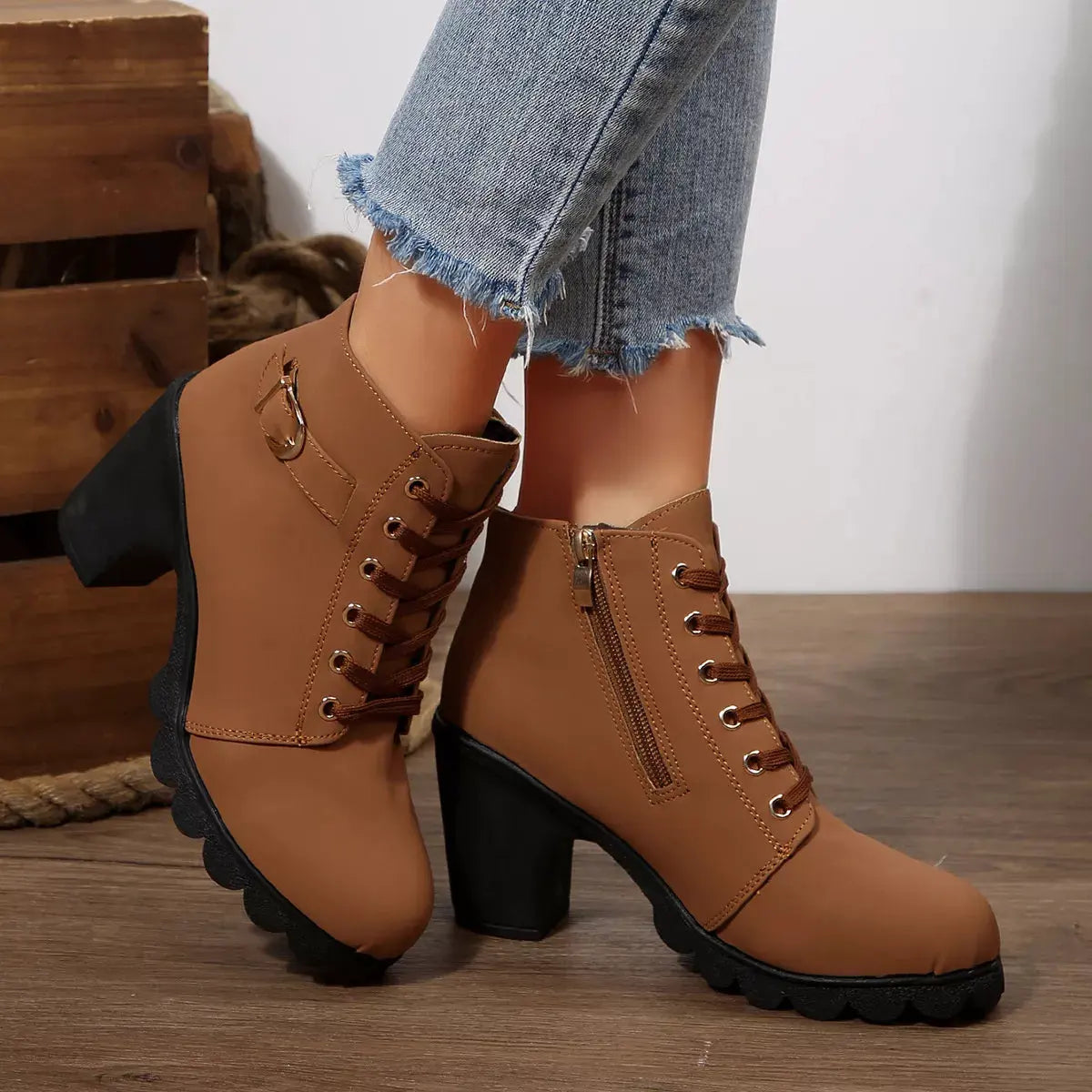 Lace Up Block Heels Boots by Partner Label