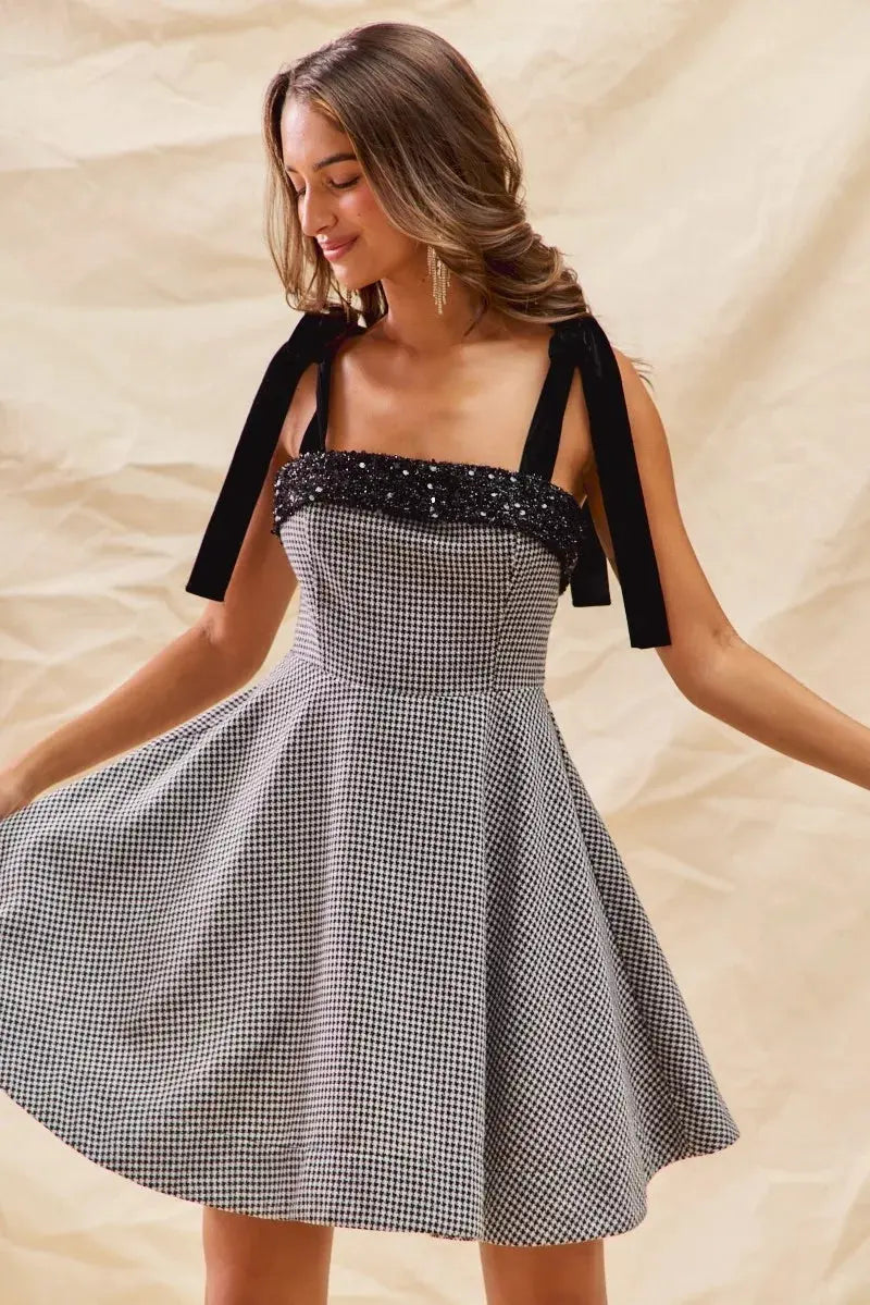 SO ME Houndstooth Fit Flare Mini Dress with Shoulder Tie by SO ME