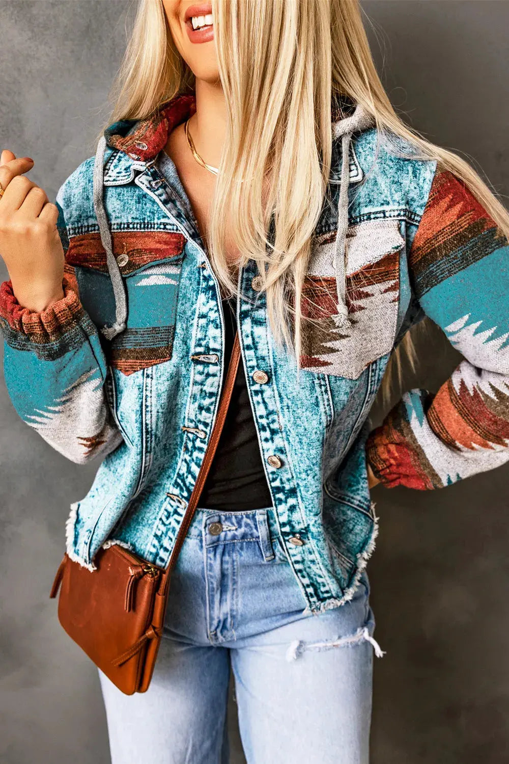 Drawstring Hooded Pocketed Denim Jacket by Partner Label
