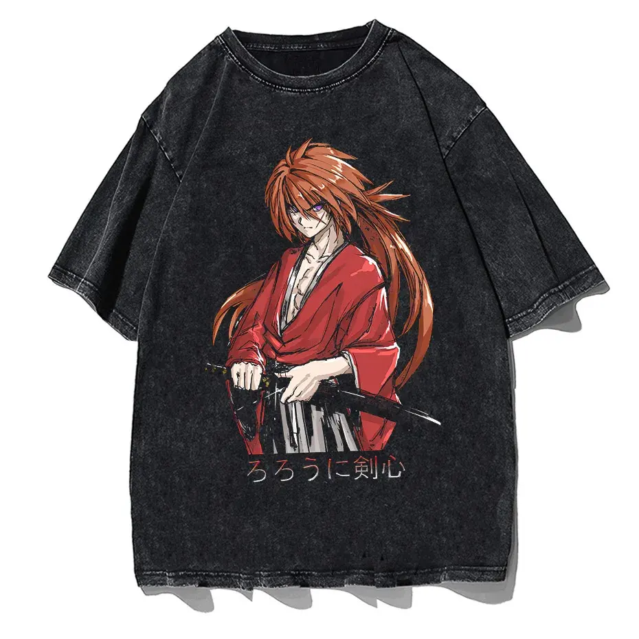 Rurouni Kenshin Washed Anime Graphic T-Shirt Men's Harajuku Streetwear Vintage Cotton Tee by Vimost Shop