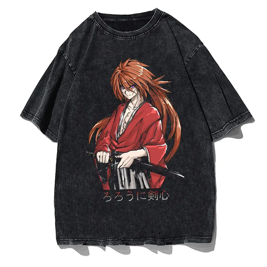 Rurouni Kenshin Washed Anime Graphic T-Shirt Men's Harajuku Streetwear Vintage Cotton Tee by Vimost Shop