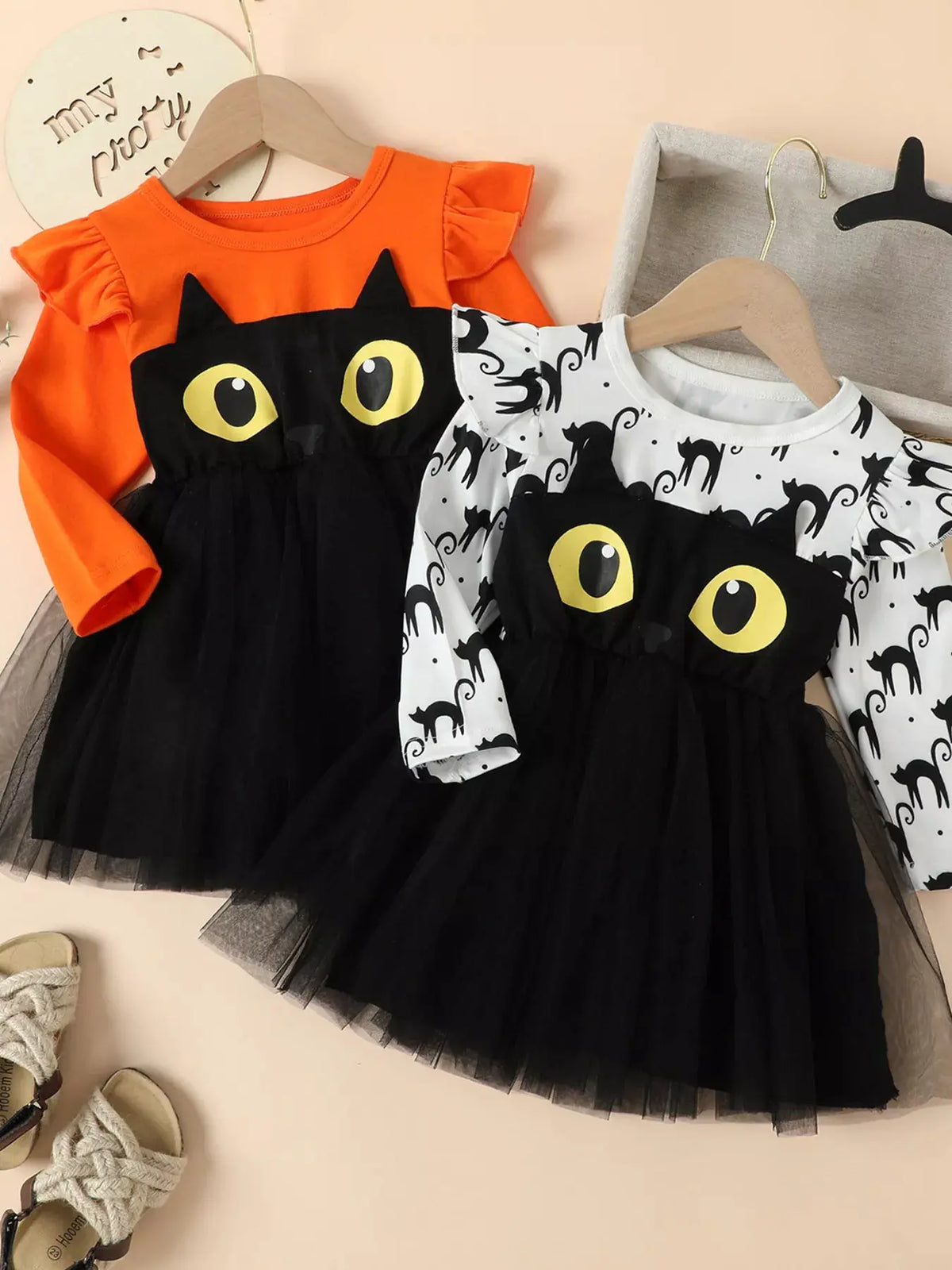 Children's Halloween Cat Eye Ruffle Tulle Dress by Trendsi