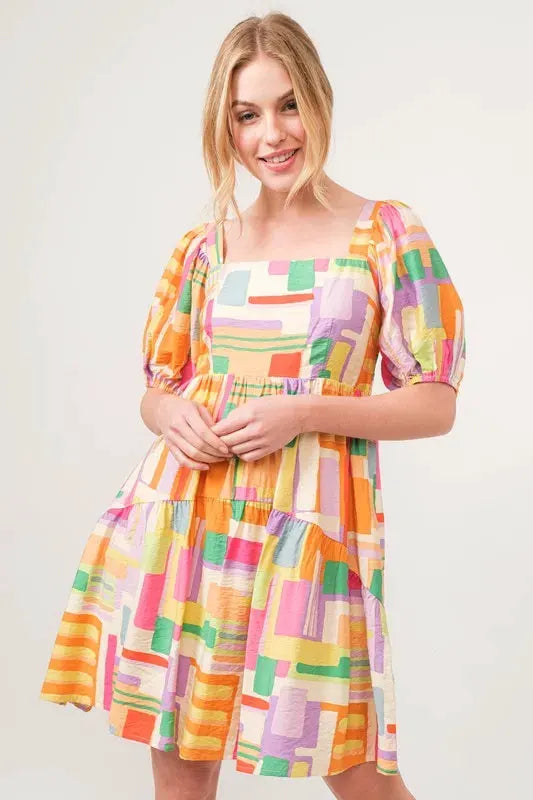 And The Why Square Neck Puff Sleeve Geo Printed Mini Dress by And The Why