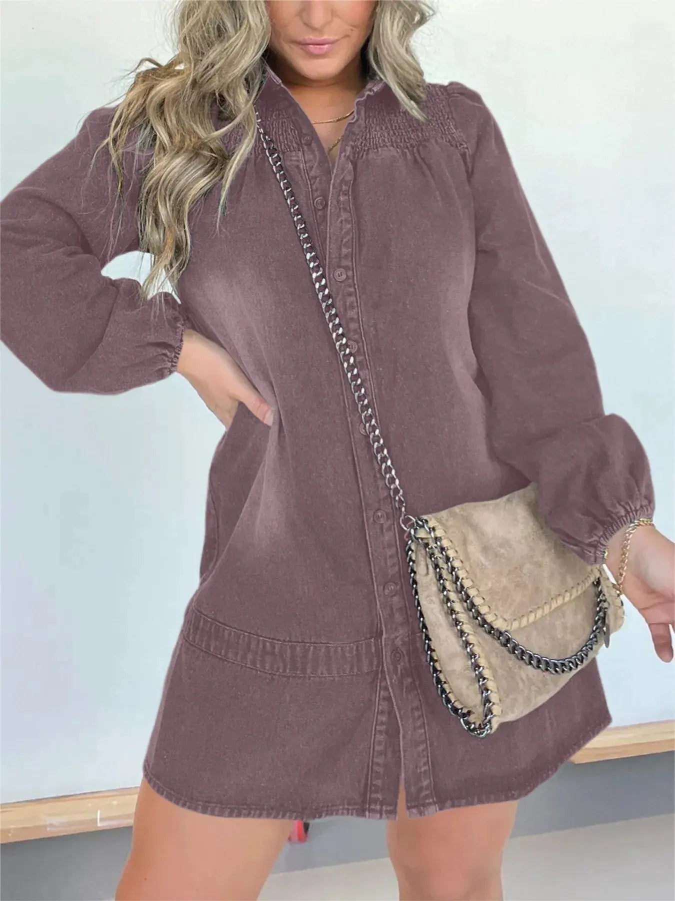 Full Size Button Front Long Sleeve Denim Dress Plus Size by Partner Label