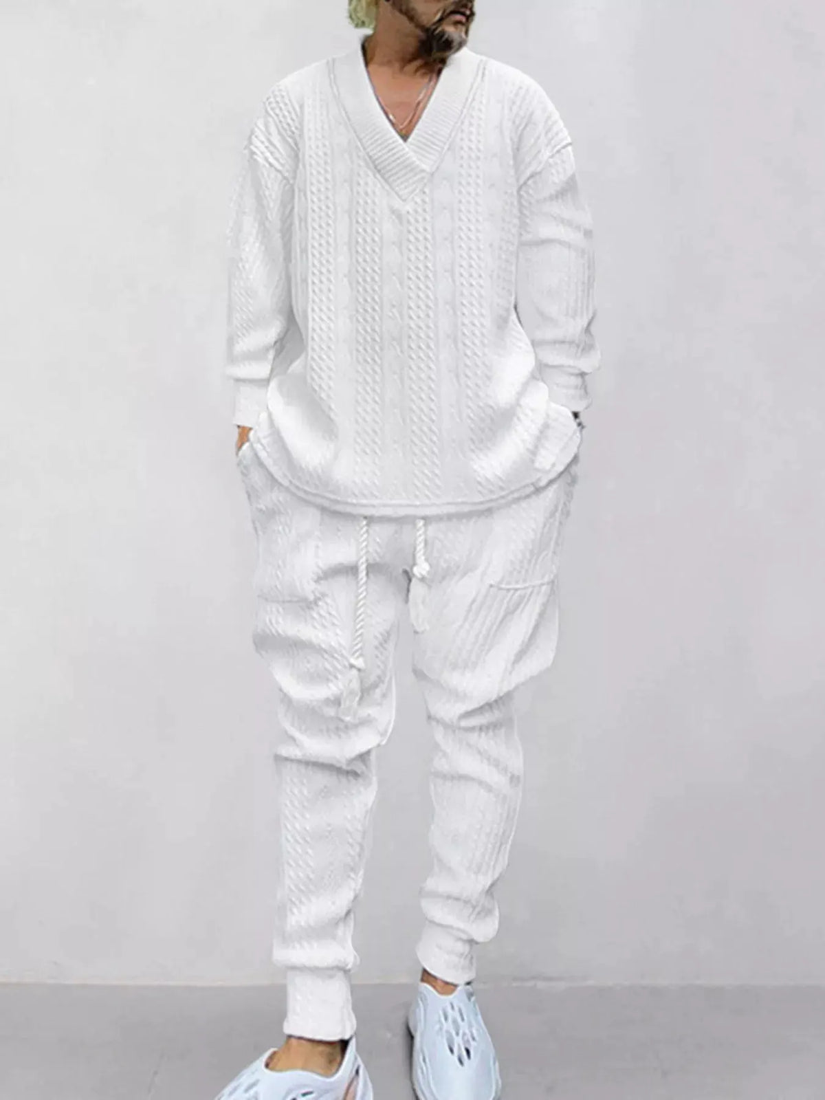 Men's Full Size Texture Knit Dropped Shoulder Top and Pants Set Plus Size by Trendsi
