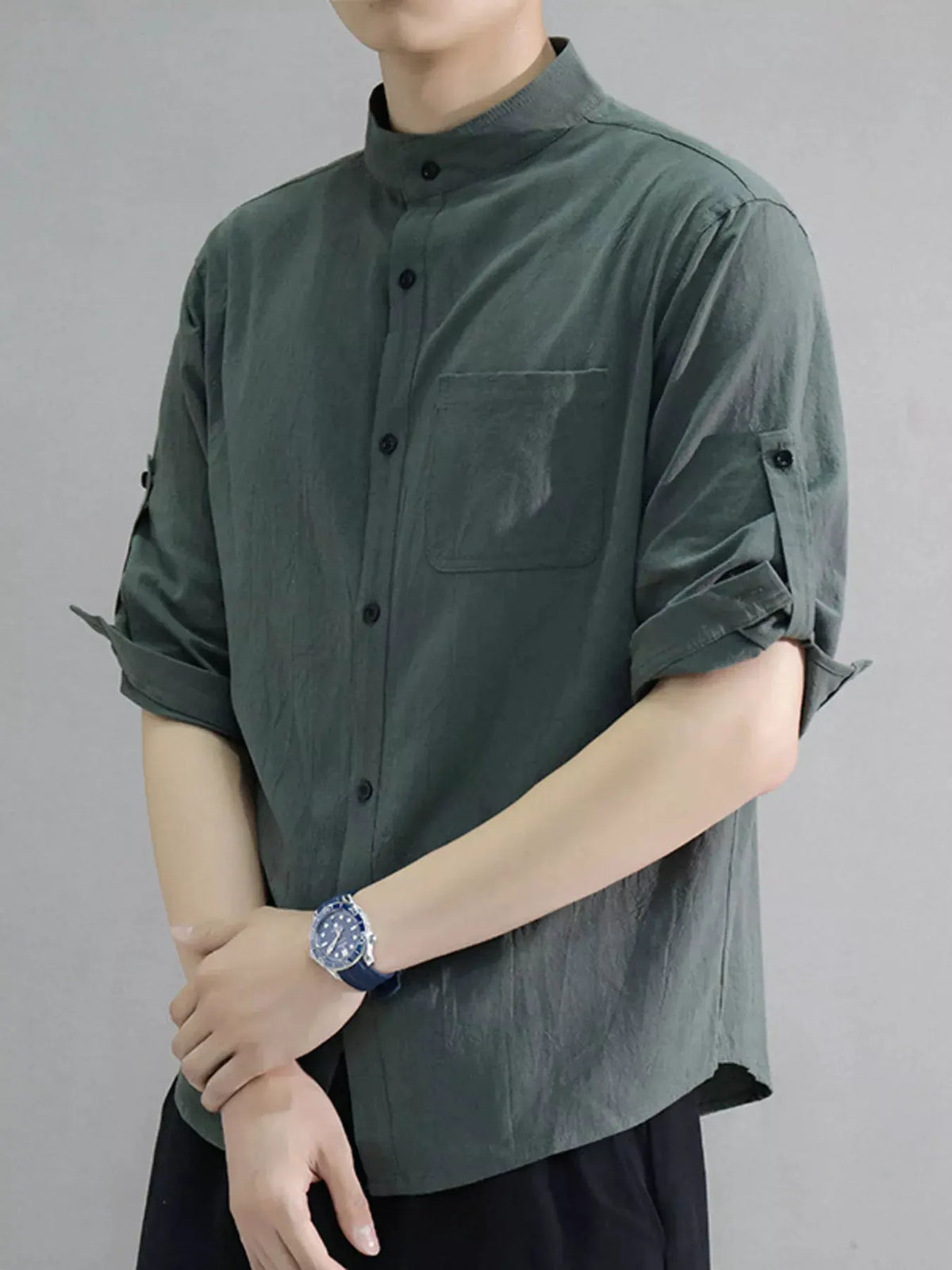 Men's Plus Size Button Up Roll-Up Sleeve Shirt by Trendsi