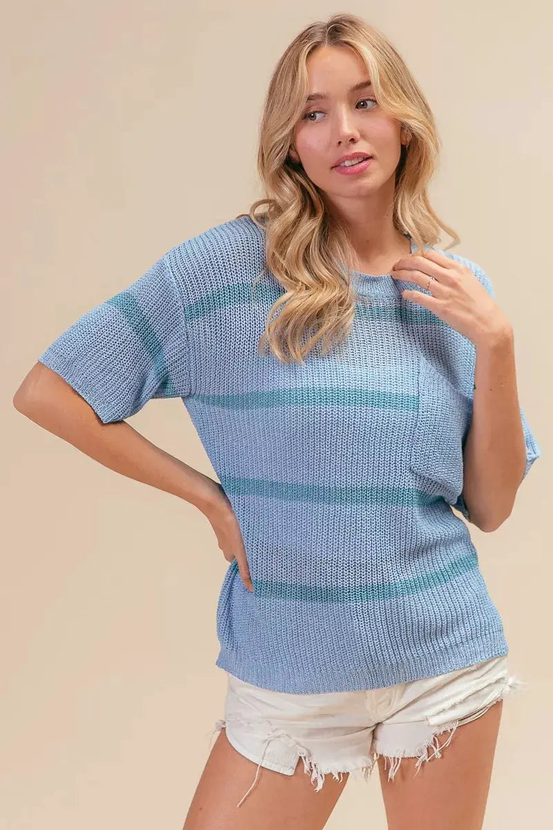 BiBi Patch Pocket Striped Lightweight Sweater Top by BiBi