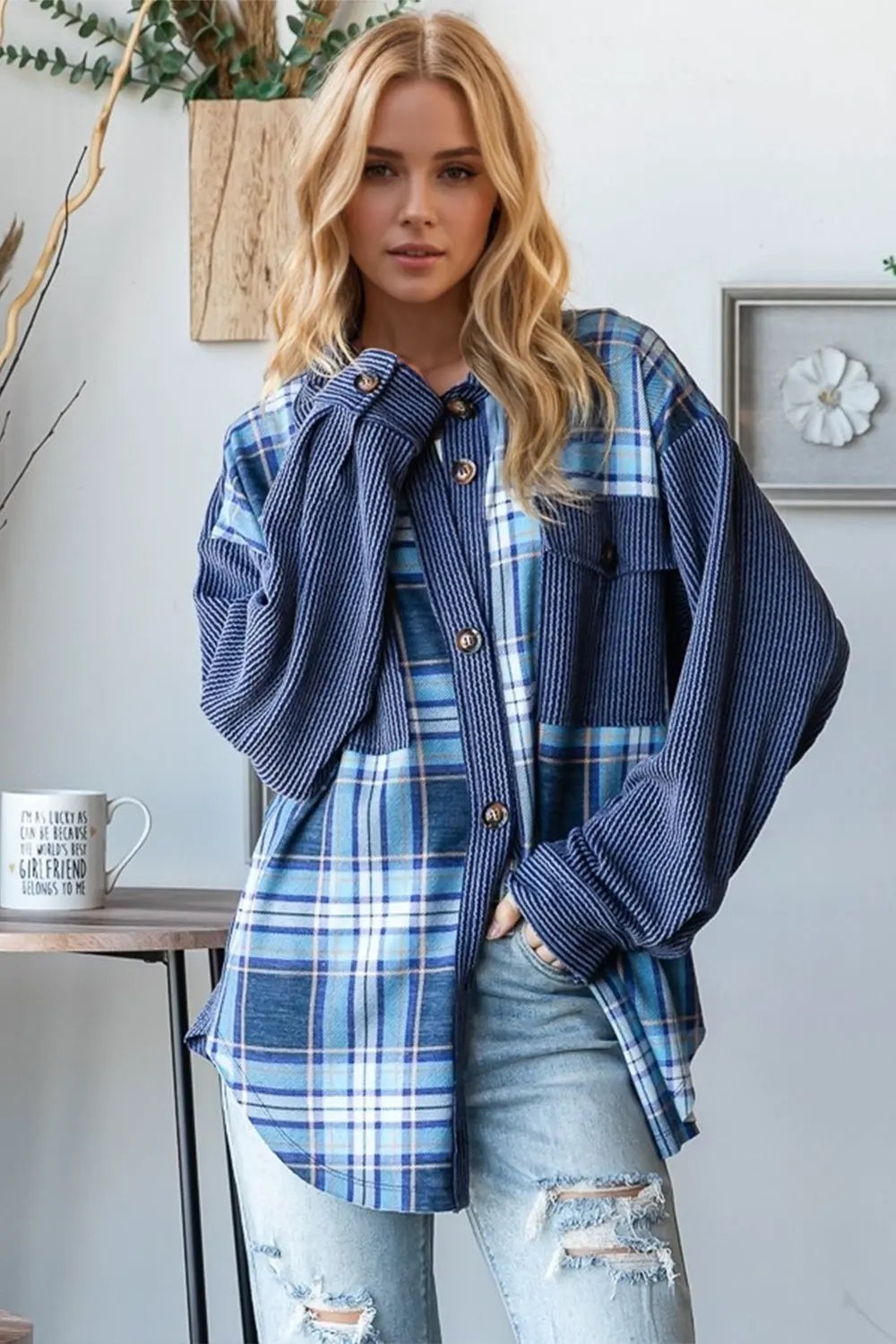 Oh Plaid Button Up Long Sleeve Shacket with Breast Pockets by Partner Label