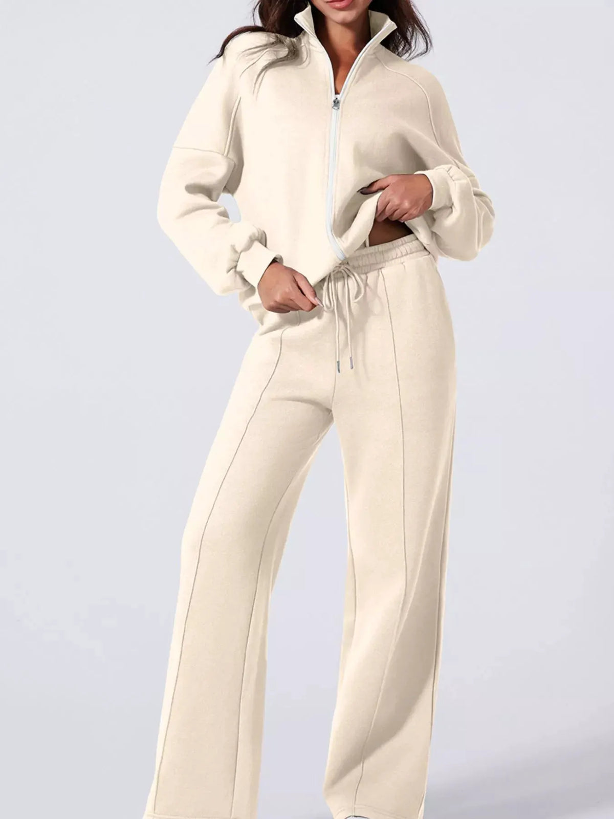 Drop Shoulder Zip Up Jacket and Drawstring Pants Active 2pcs Set by Partner Label