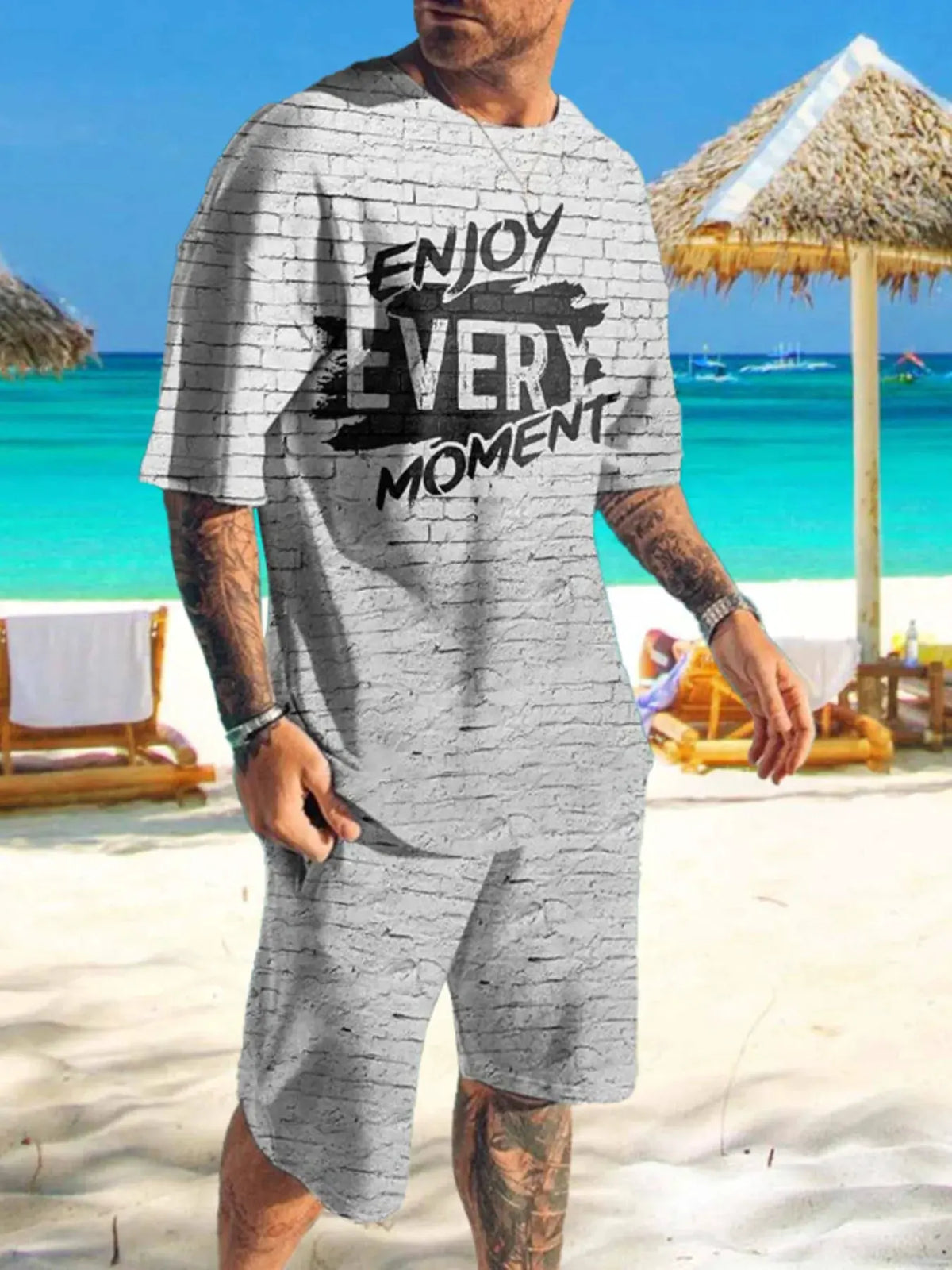 Men's Full Size Printed Short Sleeve Tee and Shorts Set Plus Size by Trendsi