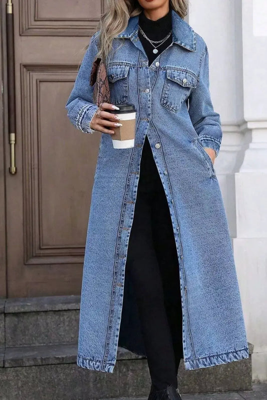 Longline Button-Front Denim Jacket by Partner Label