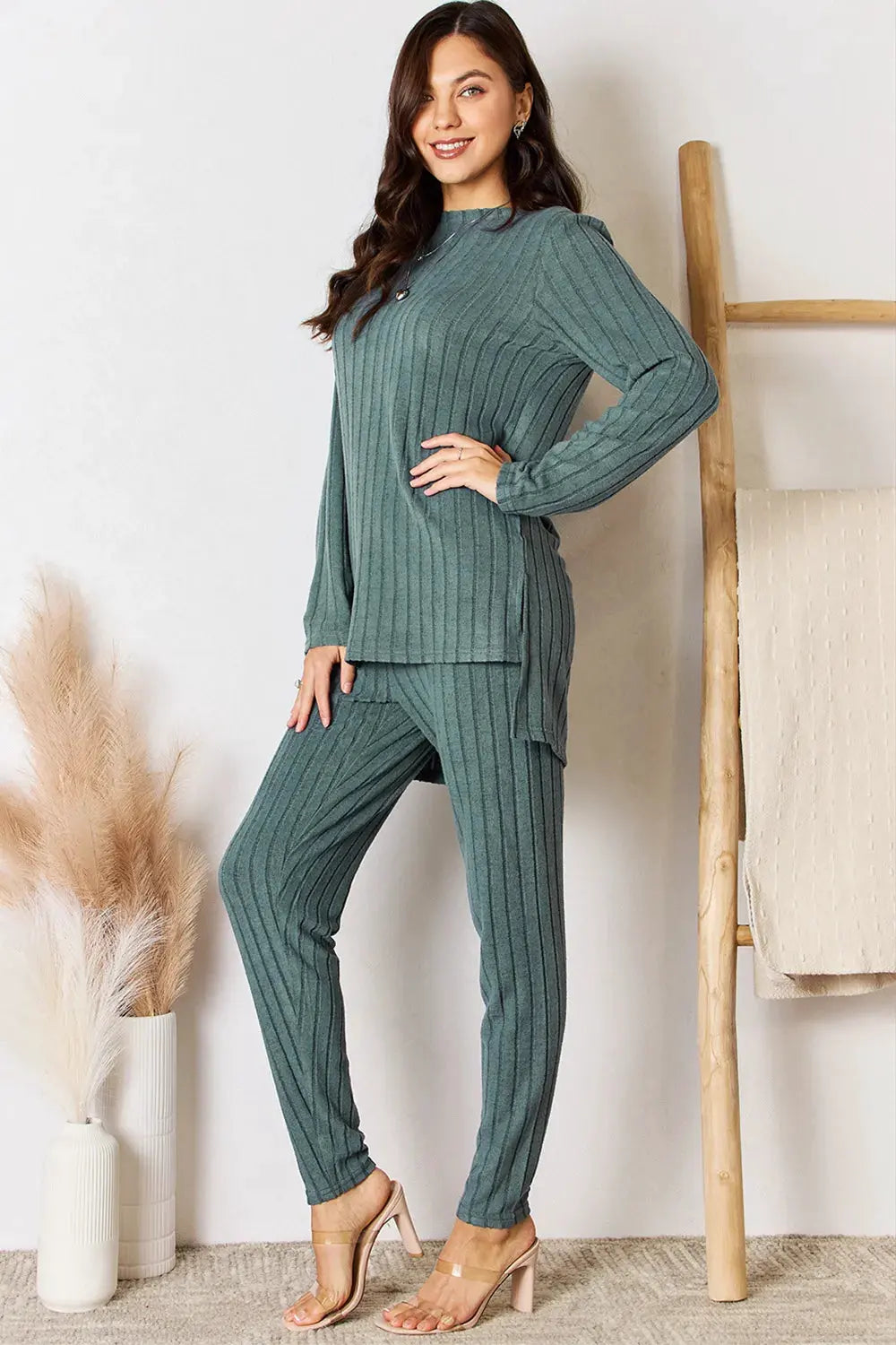 Basic Bae Full Size Ribbed Round Neck High-Low Slit Top and Pants Set by Basic Bae