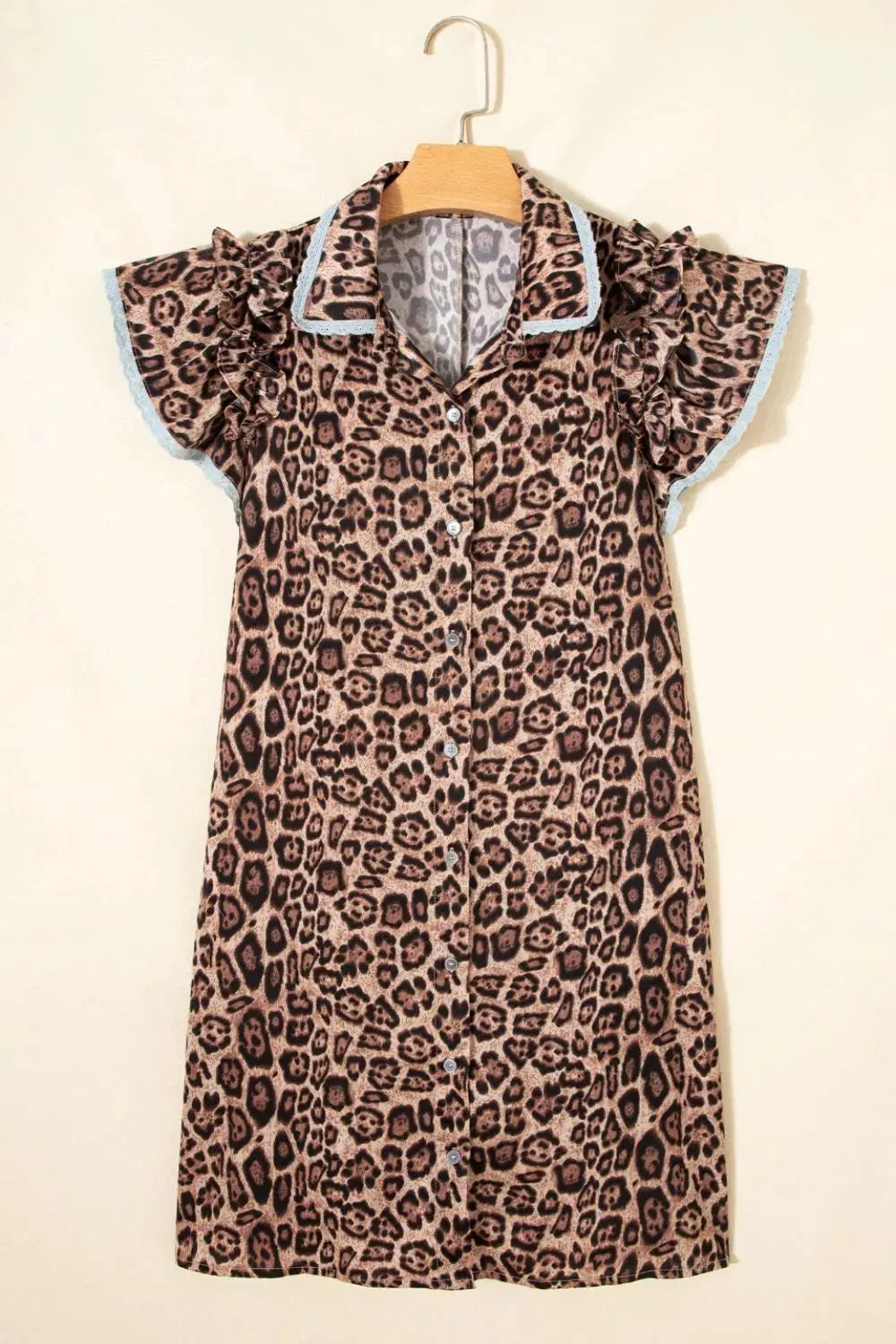 Leopard Print Lace Trim Shirt Collar Button Down Loose Mini Dress by Partner Label
