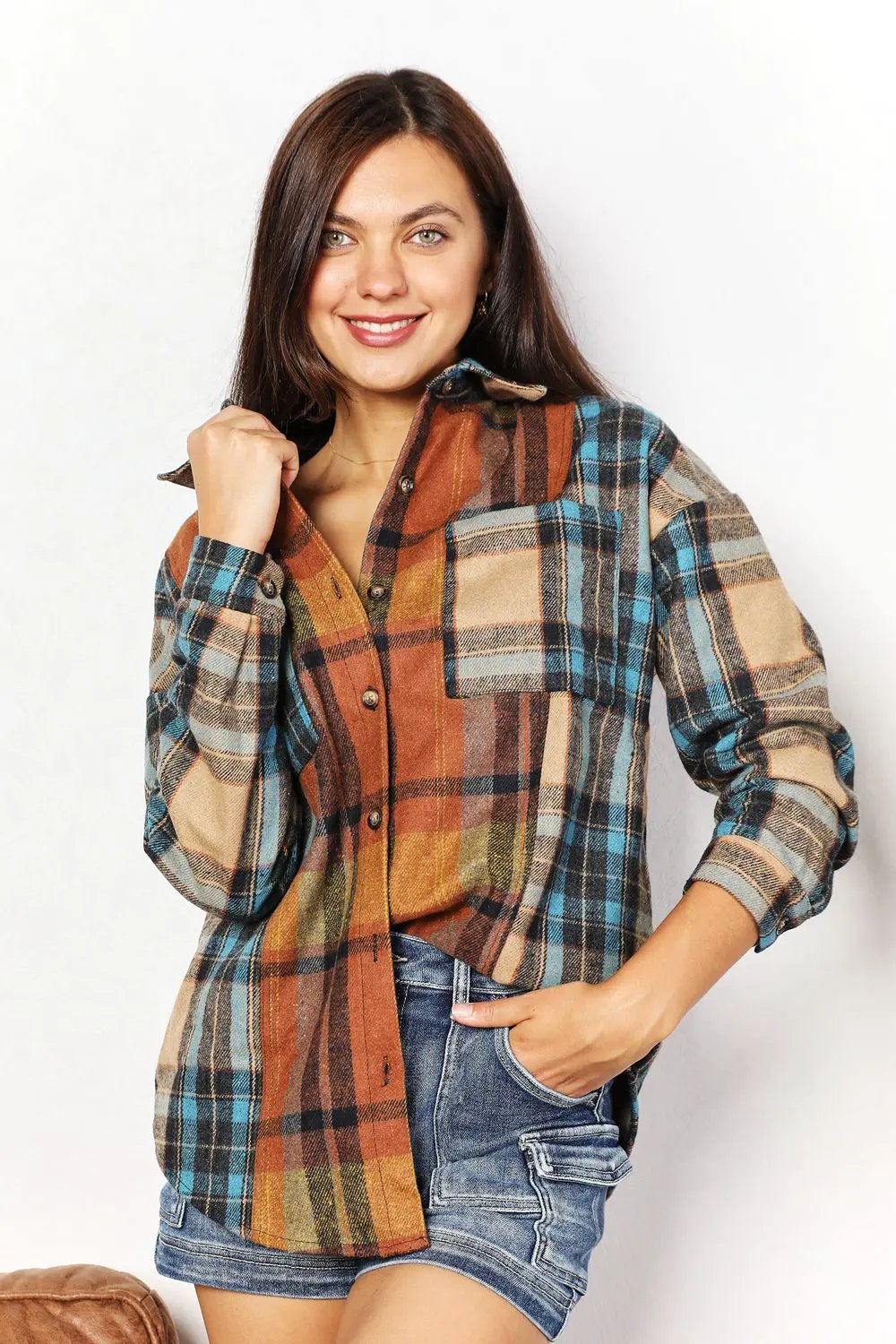 Double Take Plaid Curved Hem Shirt Jacket with Breast Pockets by Double Take