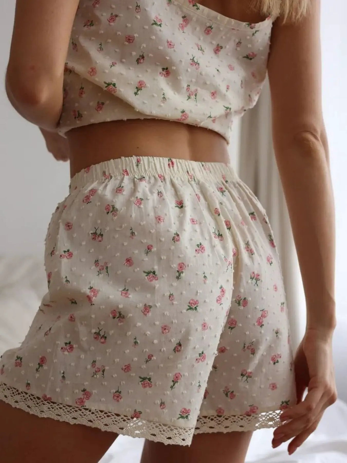 Floral Print Lace Trim Cami and Shorts Set by Partner Label
