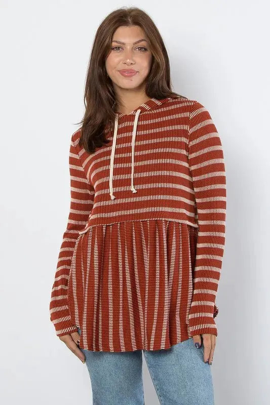 Be Stage Full Size Drawstring Striped Babydoll Hoodie by BE Stage