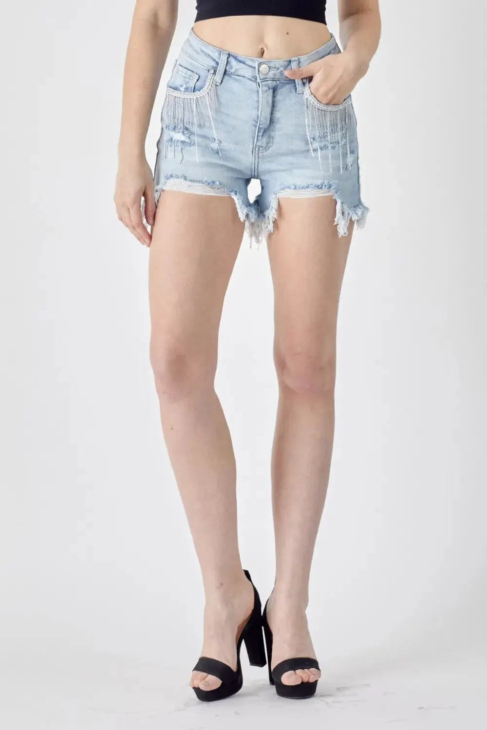 RISEN Frayed Hem Denim Shorts with Fringe Detail Pockets by RISEN