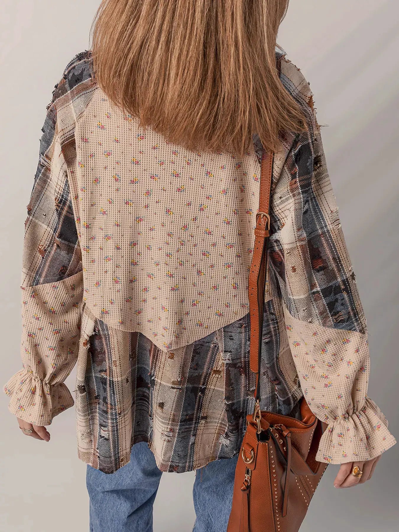 Boho Floral Plaid Patchwork Distressed Detail Ruffled Sleeve Waffle Knit Shacket by Oh