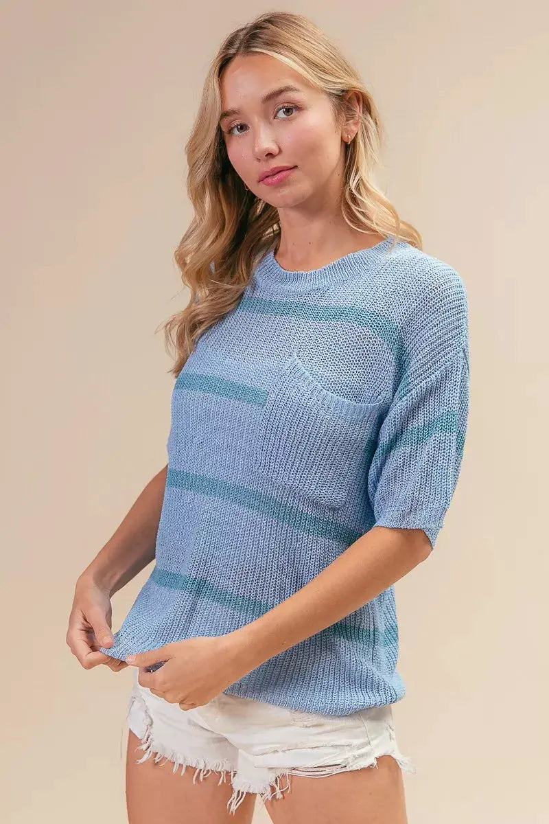 BiBi Patch Pocket Striped Lightweight Sweater Top by BiBi