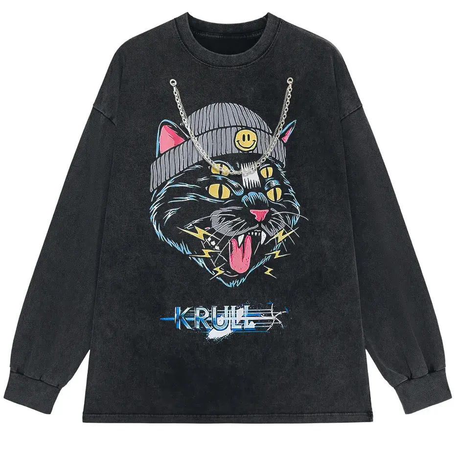 Hip Hop Oversized Cat Graphic T-Shirt Washed Cotton Streetwear Harajuku Tee by Vimost Shop